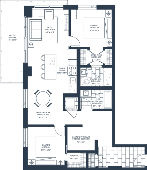 Floor plan for 3 beds, 2 baths, 1240 sqft